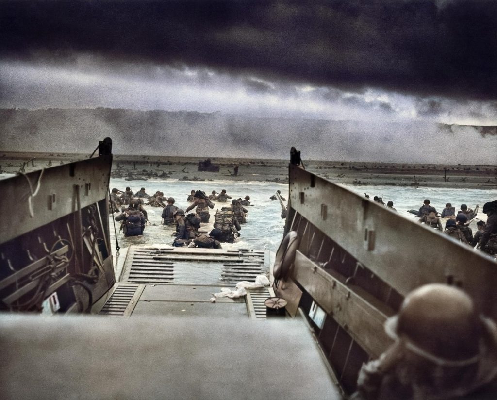 Photograph of American troops approaching Omaha Beach, Normandy, on D-Day