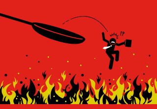 Out of the frying pan and into the fire. Vector artwork concept depicts a businessman making mistake by trying to get out from danger but fell into a far worse situation.